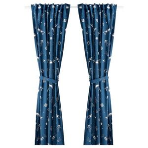 IKEA AFTONSPARV Curtains with tie-backs, 1 pair, space blue/white, 47x98 " NEW
